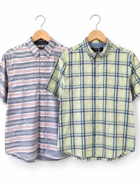 Chaps Men’s L Short Sleeve Button Down Shirts Green Plaid Blue Stripe (XXL)